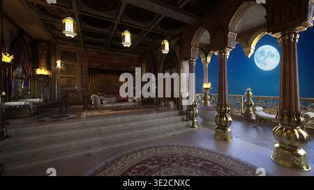 Camera da letto Fantasy Arabian con balcone affacciato su un cielo illuminato dalla luna. Illustrazione con rendering 3D. Foto Stock
