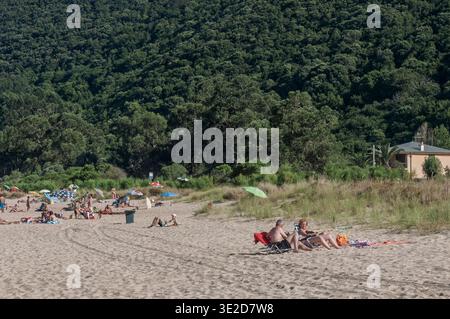 Persone che si rilassano e prendono il sole sulla spiaggia sabbiosa di Playa de Helgueras a Noja, Cantabria, Spagna, sullo sfondo di lussureggianti colline boscose. Europa. Foto Stock