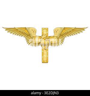 Design elegante di una croce alata con il Sacro cuore in lussuoso oro metallizzato. Rappresentazione di alta qualità con finiture lucide e riflessi dorati, Illustrazione Vettoriale