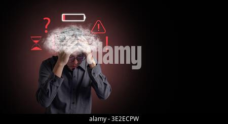 Concetto di burnout per la salute mentale. Un uomo stressato con nebbia cerebrale, batteria scarica, clessidra, icone di avvertenza. Gestione dello stress, depressione, affaticamento, eccitazione Foto Stock
