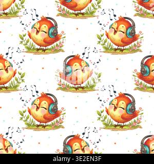 Un motivo continuo con simpatici uccelli canori che indossano cuffie, fiori e note musicali in stile acquerello; perfetto per il tessuto Foto Stock