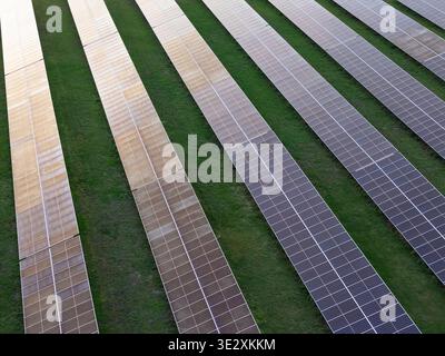 Vista dettagliata dei pannelli solari disposti in righe su un campo di erba verde osservato dall'alto. Fonte di energia rinnovabile in azione. Foto Stock