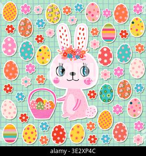 Design vettoriale con simpatico coniglietto rosa che regge un cestino di Pasqua con uova, illustrazione del coniglio primaverile con fiori Illustrazione Vettoriale