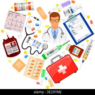 medicina e concetto di assistenza sanitaria con icone piatte a forma di cuore come medico, trasfusione di sangue, cardiogramma, prescrizione. illustrazione vettoriale Illustrazione Vettoriale