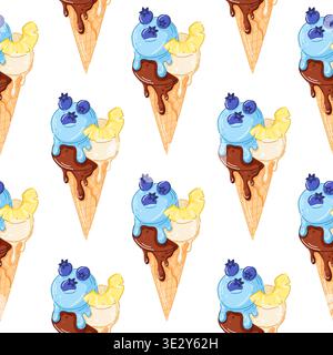 Cono per gelato con vaniglia, menta e cioccolato con motivo a fumetti senza cuciture. Fetta di mirtillo e ananas nel cono per waffle. Perfetto per Illustrazione Vettoriale