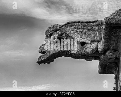 Uno dei gargoyle assume la forma di un drago alato sulla facciata anteriore della cattedrale di Santa Maria della sede a Siviglia, Spagna. In bianco e nero. Foto Stock