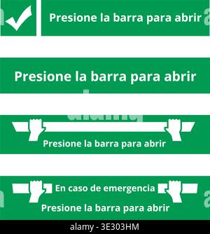 Segni verdi presiona la barra para abrir isolati su sfondo bianco (barra di spinta trad per aprire) Illustrazione Vettoriale