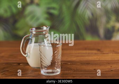 Latte fresco in una caraffa di vetro con un bicchiere vuoto su un tavolo di legno Foto Stock