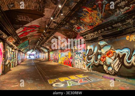 Opere d'arte di graffiti in Leake Street Graffiti Tunnel, un famoso spazio d'arte urbana situato sotto la stazione di Waterloo a Londra Foto Stock