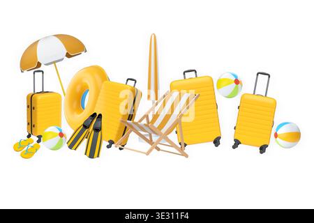 Articoli per le vacanze estive, tra cui valigie, palle da spiaggia, sedia e accessori su sfondo bianco, concetto di viaggio per le vacanze Foto Stock