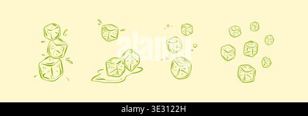 Cubetti di ghiaccio in limone soda, succo di lime, menta limonata. Bar estivo con colorato sfondo giallo e verde. Illustrazione del vettore di bevande fresche fredde. Fusione Illustrazione Vettoriale