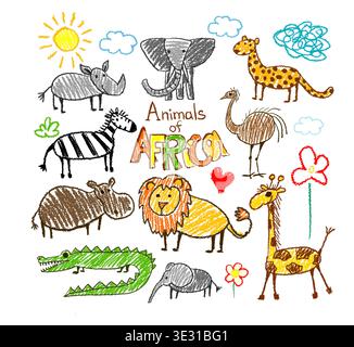 Set di cartoni animati di animali africani per disegni per bambini. Disegnato a mano. Non ai, illustrazione vettoriale. Illustrazione Vettoriale