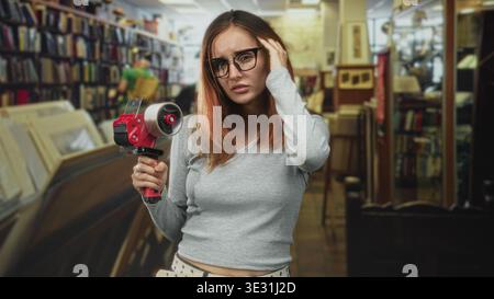 Donna che tiene in mano un dispenser di nastro e che afferra un rotolo di nastro da imballaggio, tocca il tempio e indossa gli occhiali in un corridoio della libreria di un edificio; frustrazione Foto Stock