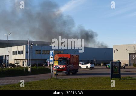 Amsterdam. 20 marzo 2026. Il fumo è stato visto dal fuoco di Amsterdam, Paesi Bassi, il 20 marzo 2026. Un grande incendio scoppiato venerdì nella zona industriale di Westpoort, nella parte occidentale di Amsterdam, nei Paesi Bassi, è stato messo sotto controllo, senza alcuna notizia di vittime, ha detto i vigili del fuoco locali. Crediti: Shao Haijun/Xinhua/Alamy Live News Foto Stock