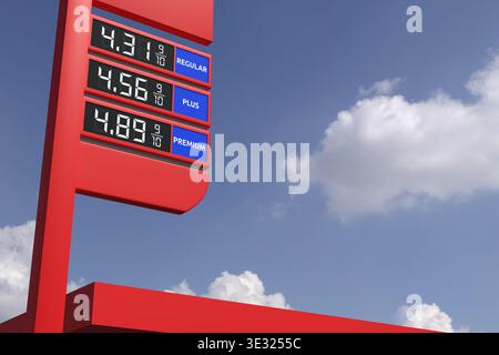 Prezzi del carburante in aumento visualizzati sul Totem della stazione di servizio - rendering 3D. Foto Stock