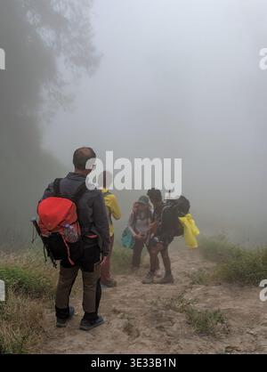 Lombok, Indonesia - 11 giugno 2025: Gruppo di escursionisti e portinaio riposato sul nebbioso Torean Trail durante il trekking sul monte Rinjani Foto Stock