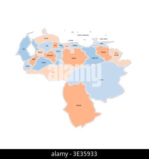 Mappa politica venezuelana delle divisioni amministrative - stati, distretto della capitale e dipendenze federali. Mappa colorata disegnata a mano in stile doodle con bordi neri e etichette dei nomi. Illustrazione Vettoriale