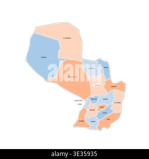 Mappa politica del Paraguay delle divisioni amministrative - dipartimenti e distretto della capitale. Mappa colorata disegnata a mano in stile doodle con bordi neri e etichette dei nomi. Illustrazione Vettoriale