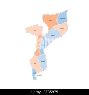 Mappa politica del Mozambico delle divisioni amministrative - province e capitale di Maputo. Mappa colorata disegnata a mano in stile doodle con bordi neri e etichette dei nomi. Illustrazione Vettoriale