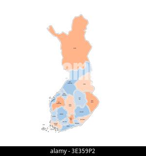 Finlandia mappa politica delle divisioni amministrative - regioni e una regione autonoma di Aland. Mappa colorata disegnata a mano in stile doodle con bordi neri e etichette dei nomi. Illustrazione Vettoriale