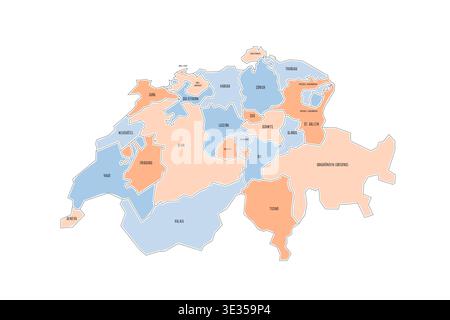 Svizzera carta politica delle divisioni amministrative - Cantoni. Mappa colorata disegnata a mano in stile doodle con bordi neri e etichette dei nomi. Illustrazione Vettoriale
