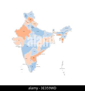 India mappa politica delle divisioni amministrative - stati e territori dell'unione. Mappa colorata disegnata a mano in stile doodle con bordi neri e etichette dei nomi. Illustrazione Vettoriale