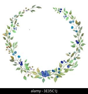 Ghirlanda botanica acquerello con foglie verdi e bacche blu isolate su sfondo bianco. Foto Stock