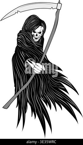 Un angelo della morte con le ali e una falce in una mano ossea. Scasso. Halloween Illustrazione Vettoriale