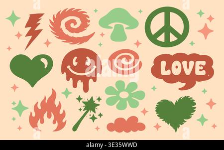Retrò Groovy cool con adesivo Vector acid e y2k rave vintage. Crea l'icona del cartone animato con l'etichetta retrò con il logo e la grafica con il sorriso. Stile retrò alla moda Illustrazione Vettoriale