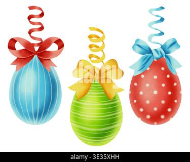 Serie di illustrazioni ad acquerello con uova di Pasqua e fiocco di seta. Buona Pasqua! Perfetto per le vacanze primaverili, biglietti d'auguri, decorazioni stagionali, pacchetti Foto Stock