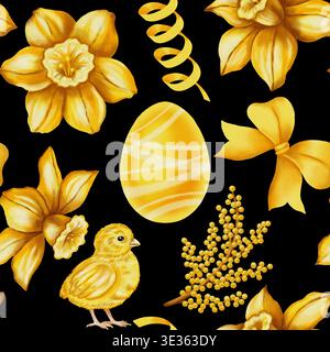 Acquerello luminoso motivo senza cuciture con narcisi gialli, pulcino carino, mimosa e uovo di Pasqua a righe. Lo sfondo delle feste primaverili per un pacchetto vacanze Foto Stock