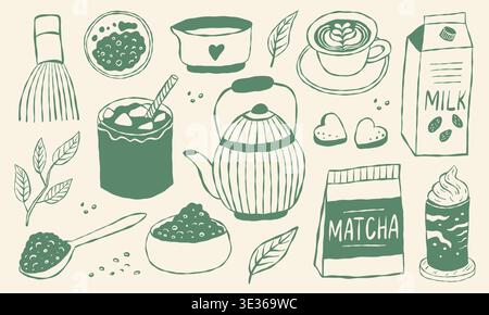 Set di tè matcha disegnato a mano, che include teiera, tazza, latte e foglie Illustrazione Vettoriale