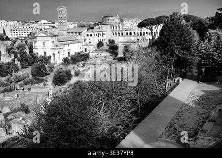 Vista del foro Romano con il Tempio di Saturno e l'Arco di Settimio Severo a Roma, Italia. Foto Stock