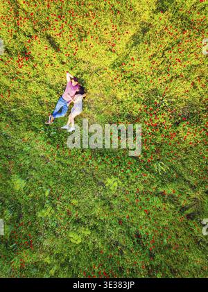 Vista dall'alto della coppia felice che giace sull'erba in estate Park.Couple in amore trascorrere il tempo insieme all'aperto. Rapporti antenna verticale shot Foto Stock