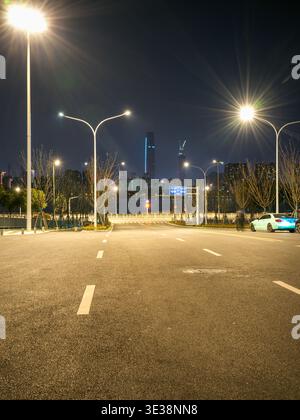 Strada urbana asfaltata vuota con linee di demarcazione bianche che si piegano delicatamente sotto il bagliore luminoso degli alti lampioni con edifici lontani di notte. La scena Foto Stock