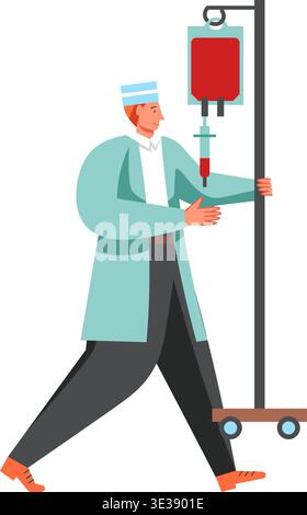 Uomo in uniforme medica, asta di trasporto infermiere con sacchetto di gocciolamento iv, illustrazione piatta vettoriale isolata su sfondo bianco. Medicina e assistenza sanitaria, medicina Illustrazione Vettoriale
