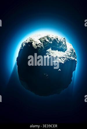 Superficie di un asteroide, spazio e universo, ingrandimento del terreno roccioso del corpo, materiali preziosi e minerali. Scoperta di un nuovo asteroide. 3d. Foto Stock