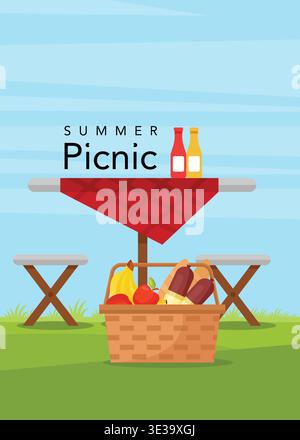 poster colorato del picnic estivo e due cesti da picnic in tovaglia con frutta e brodo da dessert Illustrazione Vettoriale