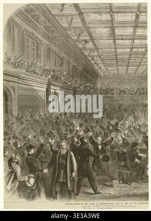 Illustrazione storica opera d'arte intitolata scena emozionante nella camera dei rappresentanti, 31 gennaio 1865, sull'annuncio dell'approvazione dell'emendamento alla Costituzione che abolisce la schiavitù per sempre, raffigurante una folla giubilante di legislatori che celebrano il passaggio del tredicesimo emendamento nella camera della camera degli Stati Uniti, 1865. Foto Stock