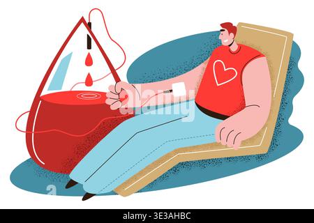 Un uomo seduto su una sedia medica che donava sangue in un grande contenitore a forma di goccia, che rappresenta la donazione volontaria di sangue e il supporto sanitario. Vect Illustrazione Vettoriale