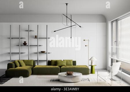 Luminoso soggiorno contemporaneo con divano verde oliva e mobili minimalisti. Interni puliti e neutri con luce soffusa e composizione moderna Foto Stock