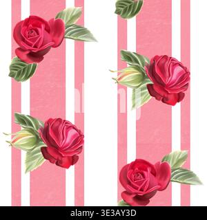 Motivo acquerello senza cuciture di rose rosse con foglie verdi su sfondo verticale a righe rosa, perfetto per tessuti, carta da parati e decorativi Foto Stock