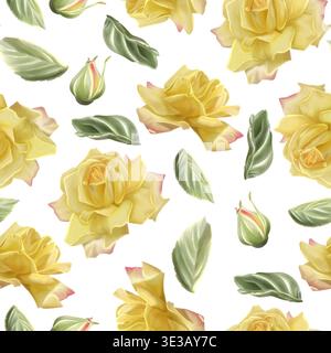 Un motivo senza cuciture di rose gialle e foglie verdi dipinte ad acquerello, caratterizzato da dettagli floreali con un'elegante sfumatura di petali e naturale Foto Stock