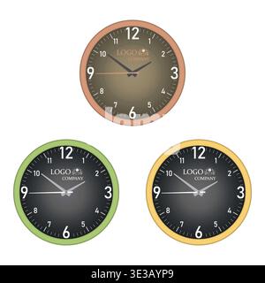 Orologio a parete isolato su sfondo bianco. Set di mockup colorato. Modello vettoriale per la progettazione Illustrazione Vettoriale