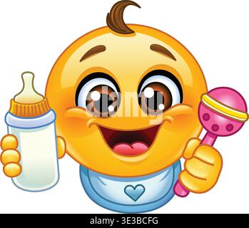 Emoticon Happy baby con occhi marroni che reggono un biberon e sonaglino rosa, indossando un bavaglino blu con il simbolo del cuore. Illustrazione Vettoriale