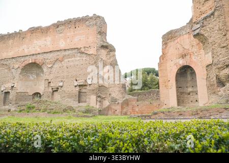 Terme di Caracalla, Terme di Caracalla. Roma, Italia. Torreggianti rovine romane in mattoni del III secolo con nicchie ad arco. Primo piano verde. Foto Stock