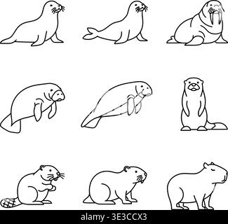 Set di icone per mammiferi acquatici e semi-acquatici, foche, tricheco, lontre e Capybara Illustrazione Vettoriale