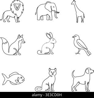 Set di icone di animali artistici a una linea continua, Lion, Elephant, Fox, Cat & Dog Minimal Outline Vectors Illustrazione Vettoriale