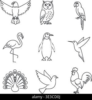 Set di icone per diverse specie di uccelli, Eagle, Owl, Flamingo e Pavone Illustrazione Vettoriale