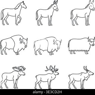 Esclusivo set di grandi mammiferi a forma di zoccolo, vettori Horse, Bison e Moose Outline Illustrazione Vettoriale